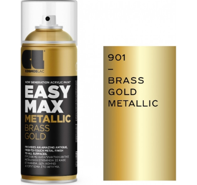 Cosmos Lac Σπρέι Βαφής Easy Max Metallic Ακρυλικό με Σατινέ Εφέ Brass Gold NO901 400ml