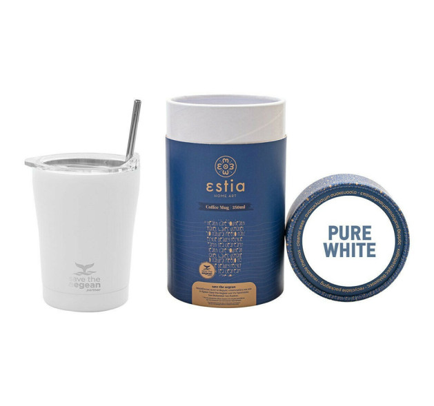 Estia Coffee Mug Save The Aegean Ποτήρι Θερμός με Καλαμάκι Pure White 350ml