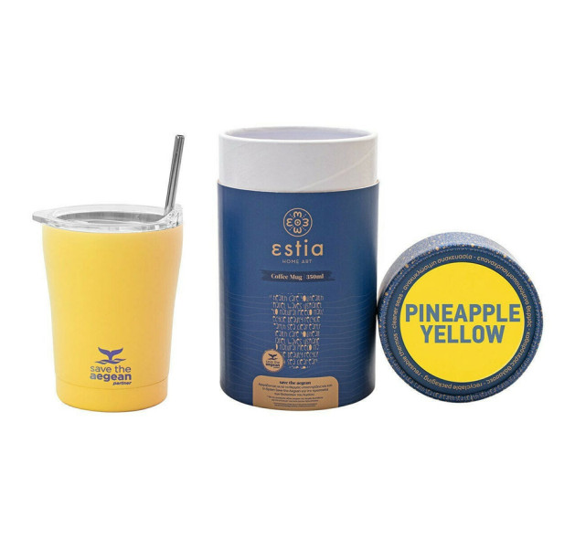 Estia Coffee Mug Save The Aegean Ποτήρι Θερμός με Καλαμάκι Pineapple Yellow 350ml